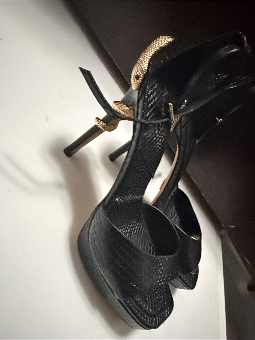 ALDO Medusa Ankle Strap Platform Sandal Snake Platform Heels in Black & Gold
